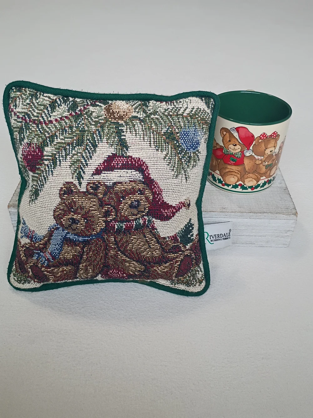 Vintage Christmas Teddy Bear Set Riverdale Tapestry Pillow & Potpourri Press Mug